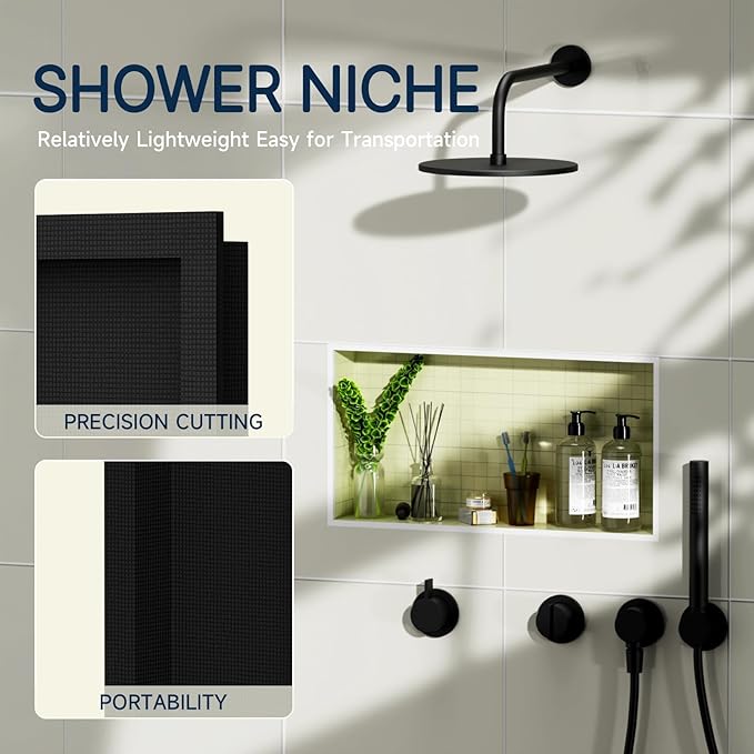 Homevacious Shower Niche Ready for Tile(14"x14"+14"x8"+14"x14") XPS Triple Waterproof Recessed Bathroom Wall Niche Shelf Insert Black Easy Installation and Bonding Friendly for Bathroom Storage