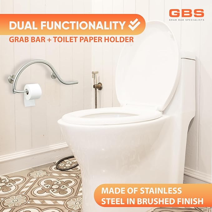Bathroom Grab Bar & Toilet Paper Holder - Stand Assist for Adults Elderly Handicap / 304 Stainless Steel / Left / Brushed Finish / 30" x 11"