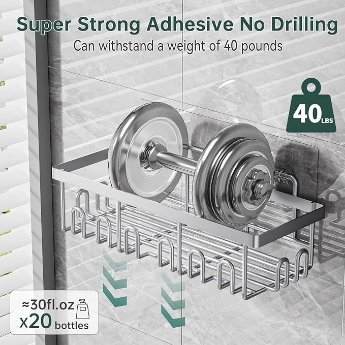 5-Pack Adhesive Shower Caddy, Rustproof Stainless Steel Organizer for Bathroom Storage with Large Capacity, No Drilling Bathroom Caddy with Soap Toothbrush Holder for Kitchen Home Silver