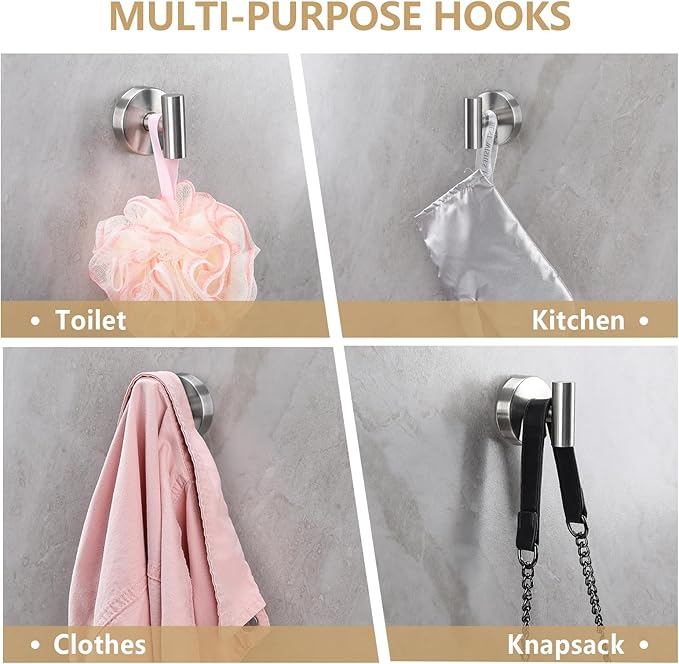 Towel Hooks Shower Suction Hook Towel Hanger for Bathroom Hanging Coat, Robe, Removable Wall Mounted Hook for Bedroom Kitchen Hotel Pool Brushed Nickel(2-Pack)