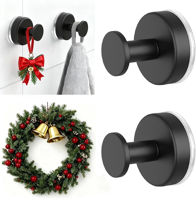 HUFEEOH Suction Cup Hooks for Shower, Towel Hooks Wall Hooks for Hanging, Removable Towel Holder for Bathroom, Kitchen, Glass Door, Mirror, Tile (2 Pack O Shape - Black)