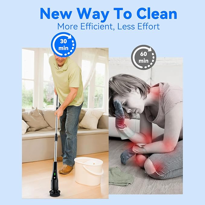 Electric Spin Scrubber,Bathroom Cleaning Brush with Long Handle 8 Replaceable Brush Heads, 2 Adjustable Speeds, Cordless Power Cleaning Brushes for Bathtub Grout Tile Floor
