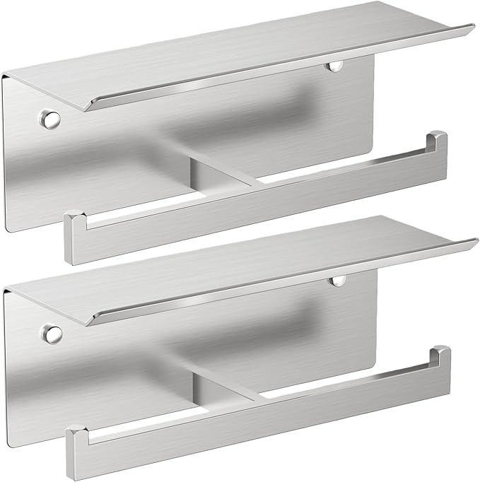 FORIOUS Toilet Paper Holder with Shelf, 304 Stainless Steel Wall Mount Commercial Toilet Paper Dispenser, Double Tissue Roll Holder for Bathroom, 2 Pack Brushed Nickel