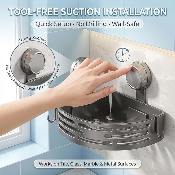 Triangle Suction Cup Shower Caddy, Corner Shower Shelves No Drilling, Upgrade Suction Cup Shower Organizer with Towel Bar & Hooks, Heavy-Duty Strong Hold (Black, 2pcs)