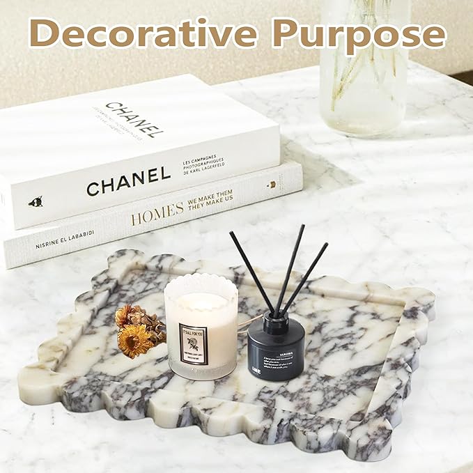 Prolee Scalloped Marble Tray,Marble Vanity Trays for Bathroom 12" x 9", Scalloped Tray,Wave Appearance Jewelry Home Decor Stone Trays for Kitchen Counter, Bathroom,Genuine Calacatta Viola