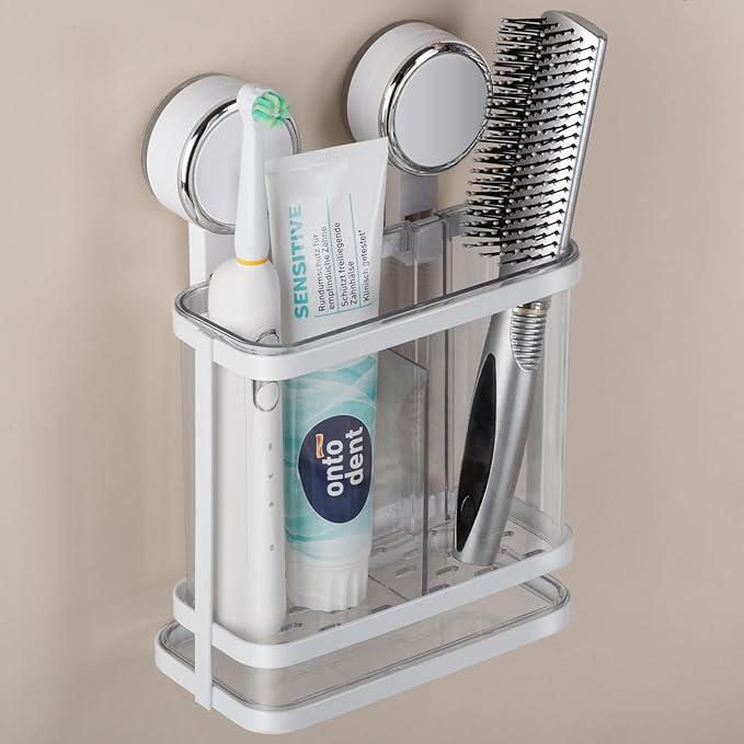 Toothbrush Holders Wall Mounted for Bathrooms, Suction Cup Electric Tooth Brush and Toothpaste Organizer Razor Holder for Shower, Countertop, Vanity, Clear