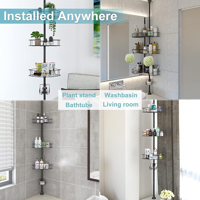 Corner Shower Caddy Tension Pole - Rustproof Stainless Steel Bathroom Shower Organizer, 4 - Tire Height Adjutable, Floor to Ceiling Stand, Fits 56 to 125” Corner Bathtub, Drill Free Quick Setup