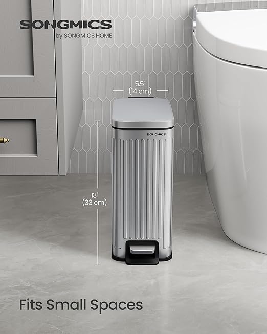 SONGMICS Bathroom Trash Can, 1.6-Gallon (6 L) Trash Bin with Lid, Slim for Small Spaces, Stainless Steel Garbage Can, Soft Close, Silver ULTB563E01