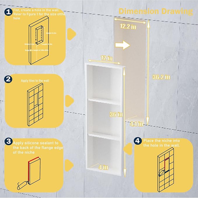 Stainless Steel Recessed Shower Caddy ，Organizer Storage for Room,Bathroom Insert Shelf with Three-Tier Shelves，Matte White （ 36" X 12"）