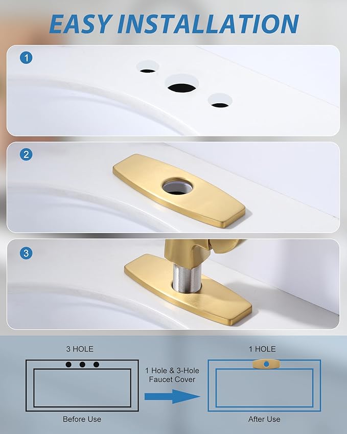 6" Sink Faucet Hole Cover: Deck Plate for Bathroom Vanity Sink - Faucet Brushed Gold Escutcheon Plate Stainless Steel Outside Faucet Cover Cap Rectangle Mixer Tap