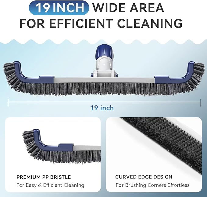 19" 2 in 1 Detachable Curved Edge Pool Brush Head for Inground/Above Ground Pool, Adjustable 180° Handle Rotation, ASA Material Pool Brush for Cleaning Pool Walls, Waterline Tiles & Floors