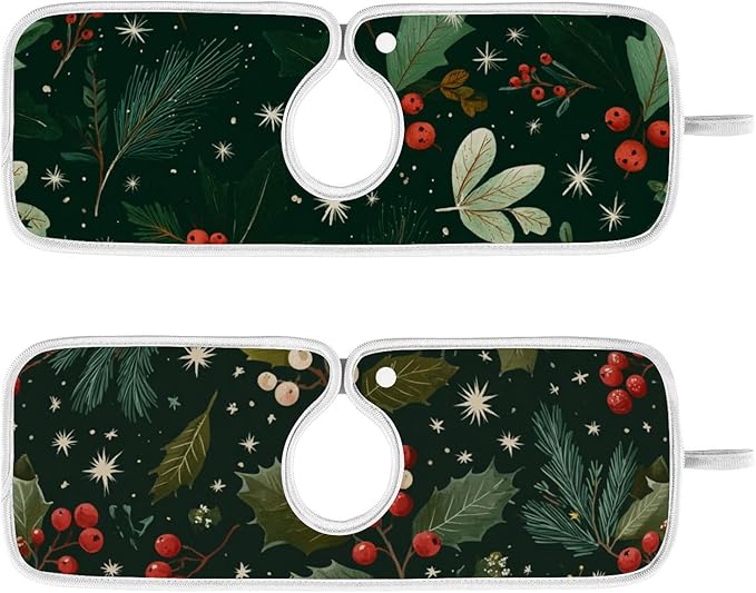Sink Faucet Absorbing Mat Kitchen Sink Splash Guard Splash Faucet Drip Catcher for Bar RV Bathroom 2PCS 23.6x5.5in Green Christmas Holly Berries Pine Needles Leaves