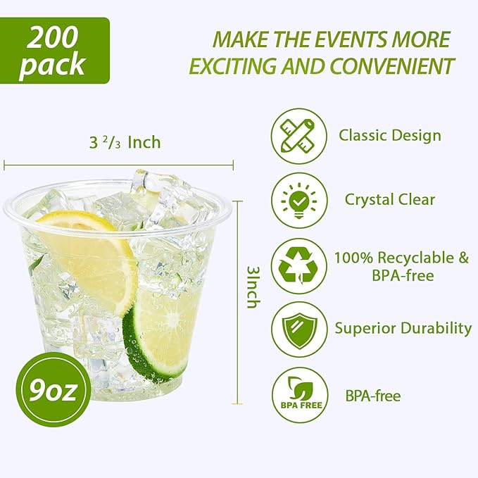 Lilymicky 200 Pack 9 oz Clear Plastic Cups, 9 Ounce Disposable Plastic Drinking Cups, Crystal Clear, for Parties, Ceremonies, Events
