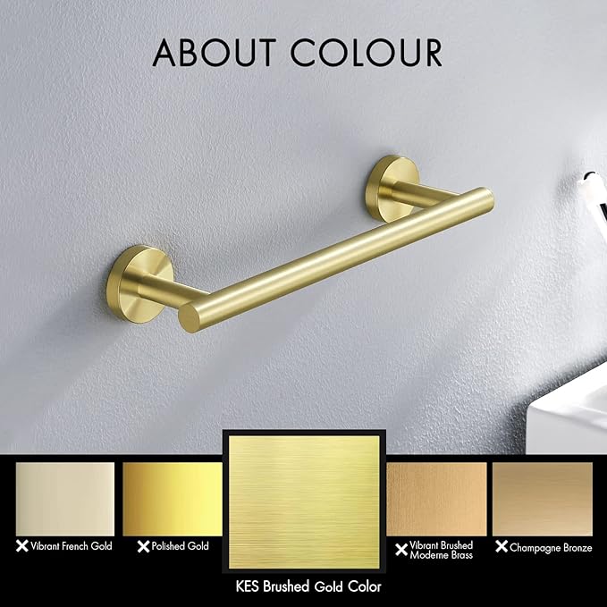 KES 9.6 Inches Hand Towel Bar Bathroom Towel Holder Kitchen Dish Cloths Hanger SUS304 Stainless Steel RUSTPROOF Wall Mount Brushed Gold, Total Length 12 Inch, A2000S30-BZ