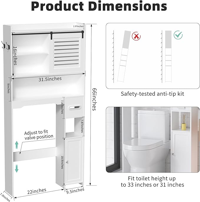 Over The Toilet Storage Cabinet, Bathroom Storage Cabinet Organizer, Above Toilet Rack with Door and Adjustable Shelves, Space Saver for Restroom, Laundry (White Left Side)