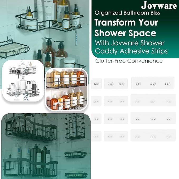 Upgraded Adhesive Hooks for Wall Mount, Self-Adhesive Corner Shelf Shower Caddy, Waterproof Bathroom & Kitchen, Wire Hook 12 Pack