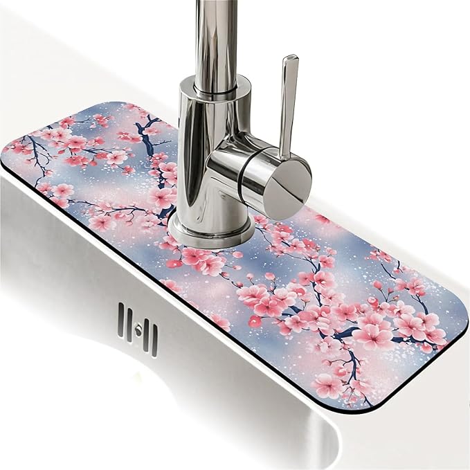Faucet Draining Mat For Kitchen Sink, Japanese Pink Cherry Blossoms Diatom Mud Absorbent Drain Pad For Bathroom Kitchen Sink Splash Guard Drying Mat