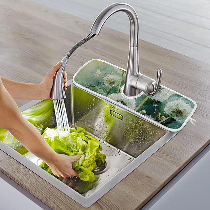 Sink Faucet Absorbing Mat Kitchen Sink Splash Guard Splash Faucet Drip Catcher for Bar RV Bathroom 2PCS 30x5.5in Sage Green Dandelion