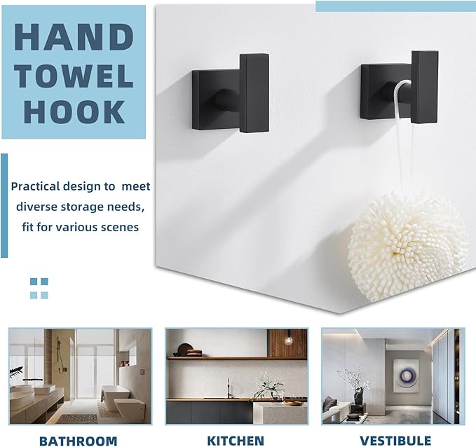APLusee Matte Black Bath Towel Hook 2 Pack, 304 Stainless Steel Robe Hook, Wall Mounted