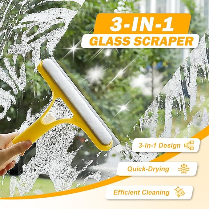 3 in 1 Window Cleaning Scraper, 2025 Upgraded Window Squeegee with Spray, Squeegee for Shower Glass, Glass Scraper All Purpose Window Cleaner Tool for Car, Home, Kitchen,Bathrooms Window (White)
