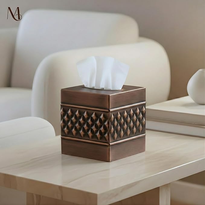 Monarch Abode Tissue Box Cover Square – Handcrafted Geo Embossed Antique Copper Metal Tissue Holder Box for Bathroom Accessory, Aesthetic Decorative Facial Napkin Cube for Modern Home Decor