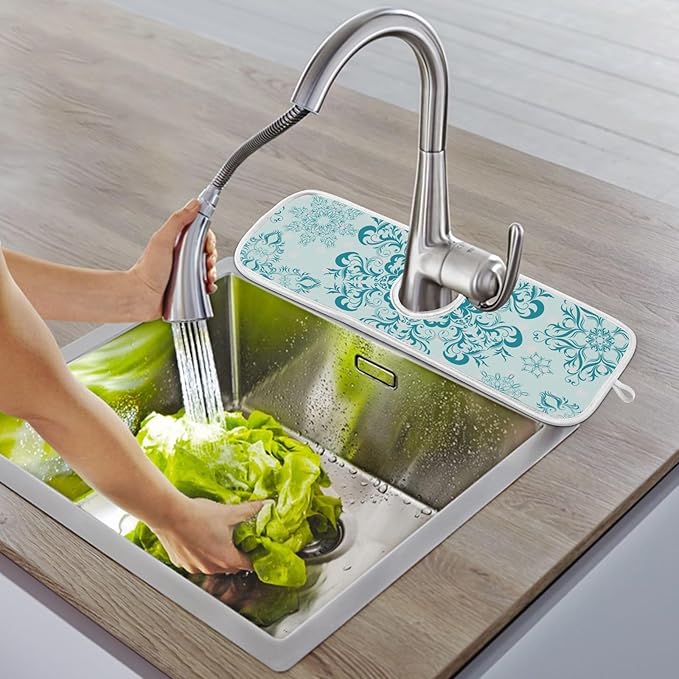 Sink Faucet Absorbing Mat Kitchen Sink Splash Guard Splash Faucet Drip Catcher for Bar RV Bathroom 2PCS 14.9x5.5in Lavender Flowers Teal Mandala Purple