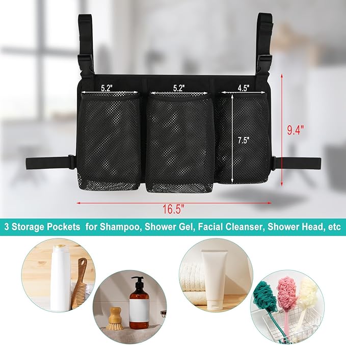 Beautyflier Removable Hanging Bag for Shower Chair, Commode Chair Side Storage Bag, Armrest Chair Side Organizer, 3 Storage Pockets for Shampoo, Shower Gel, Facial Cleanser, Bag Only (Black)