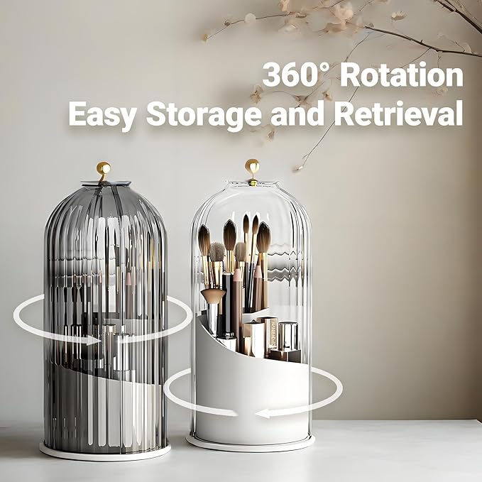 Birdcage-Style Concealed Toothbrush Holder Sliding Lid Bathroom Counter Organizer Tooth Brush Holder for Bathroom 360 Rotating Waterproof Dustproof Makeup Brushes Storage for Vanity (White)