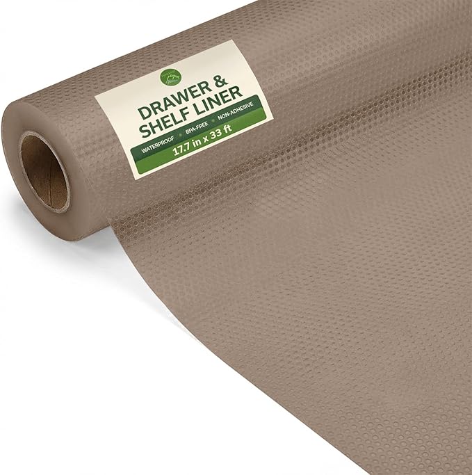 EVALAND Shelf Liners for Kitchen Cabinets Non-Adhesive 17.7" x 33 FT Beige Drawer Liner Non Slip, Washable Cabinet Liner, Waterproof Shelf Liners for Cabinets, Refrigerator Bathroom Pantry Cabinet Mat