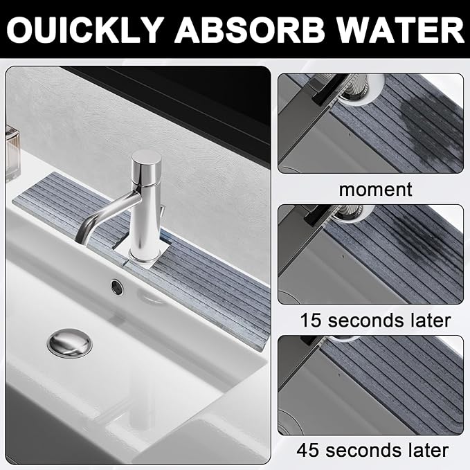 Faucet Mat for Kitchen Sink, Stone Faucet Mat for Kitchen Sink Tray 17.71*3.94*0.35in Square Hole Prevents Moisture Buildup Suitable for Bathroom Countertop Faucet Around Sink Light Gray