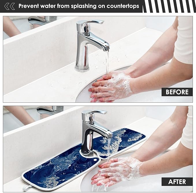 2 PCS Kitchen Sink Splash Guard 30 Inch Faucet Mat for Kitchen Sink Bathroom Sink Faucet Absorbing Drip Drain Mat Pad Microfiber Soft Washable Blue Sea Waves