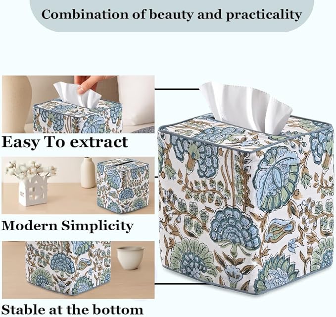 Ridhi Asparagus Green Block Print Tissue Box Cover Handmade Cotton Fabric Decorative Square Napkin Holder for Home Bedroom Living Room Bathroom Vanity Countertop Car Night Stands Office Kitchen