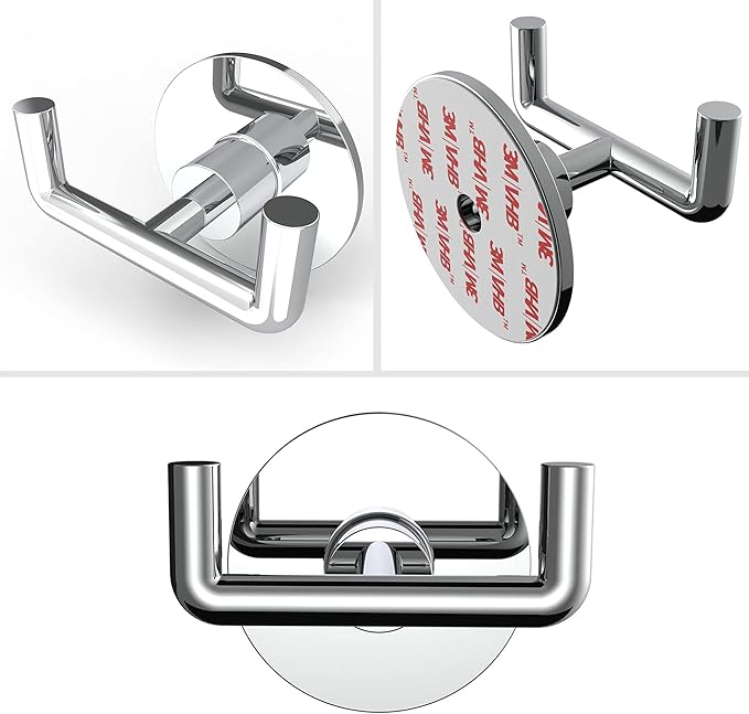 Ruacq Adhesive Double Towel Hook Chrome Round Base Bathroom Robe Self-Adhesive Towel Holder Hand Towel Hanger Stainless Steel and Zinc Alloy Modern Polished Chrome 2 Pack