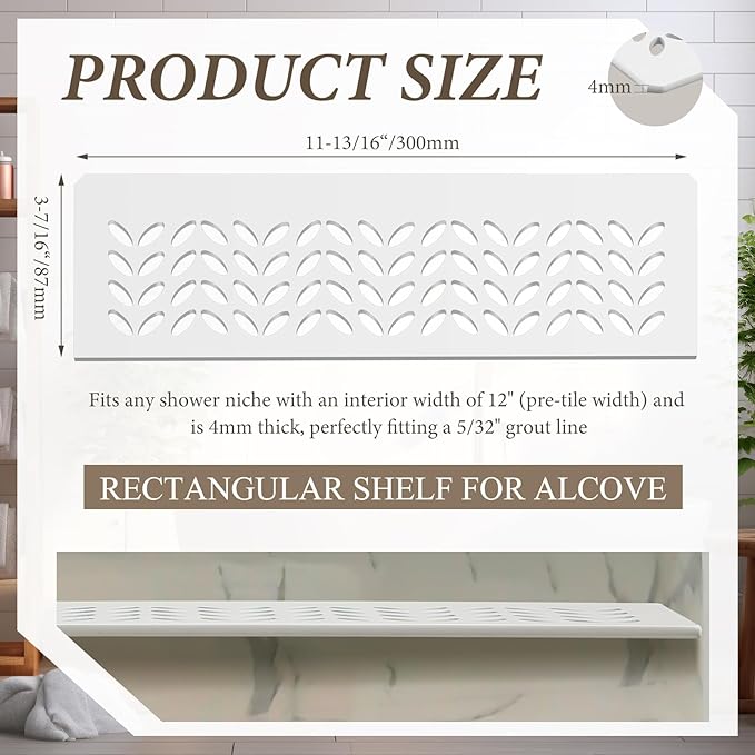 1 Pcs Aluminum Shower Niche Rectangular Shelf White 5/32"/ 4 mm Thick, Petal Design, Matte White Finish for 12" Prefabricated Niches, Fits 5/32" Grout Line