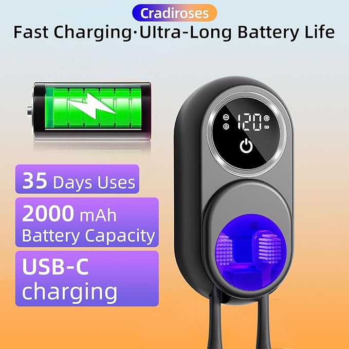 Black UV Toothbrush Sanitizer Holder - 2 Slots Auto-Sensor Wall-Mount with LED Smart Screen, Heated Fan Drying, Rechargeable for Bathroom