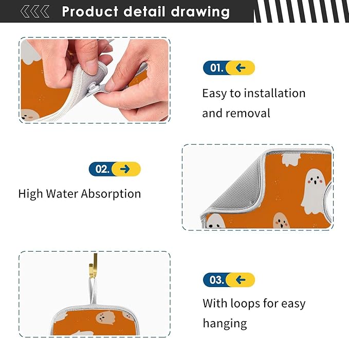 2 PCS Kitchen Sink Splash Guard 30 Inch Faucet Mat for Kitchen Sink Bathroom Sink Faucet Absorbing Drip Drain Mat Pad Microfiber Soft Washable Halloween Orange Blue Ghosts