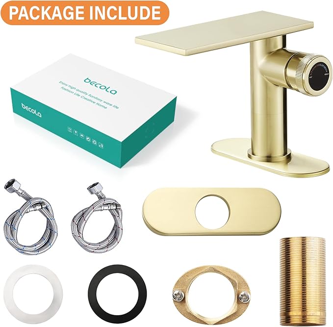 becola Modern Brushed Gold Bathroom Faucet，Waterfall Faucet for Bathroom Sink，Single Hole Cold and Hot Basin Mixer Tap，Single Handle Vanity Faucet with Adjust Knobs and Deck Plate