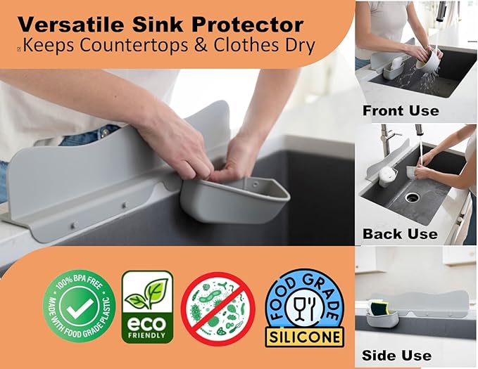 Silicone Sink Splash Guard with Sponge Holder -19.5" x 4.5" x 2.5", Sink Silicone Splash Guard - Strong Suction - Sink Edge Protectors for Kitchen Sink - Farmhouse Kitchen Sink Splash Guard - Gray