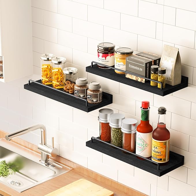 Floating Shelves for Wall Decor Bathroom Shelves Over Toilet, Farmhouse Wall Shelves for Living Room, Bedroom, Picture Frames, Plants, Kitchen (Black, Set of 3)