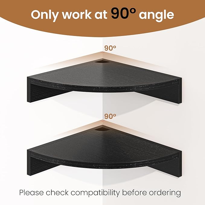 Fun Memories Corner Shelf Wall Mount, Wood Floating Corner Shelves, Corner Wall Shelf for Bedroom, Bathroom, Kitchen, Living Room (Black, 3 Pack)
