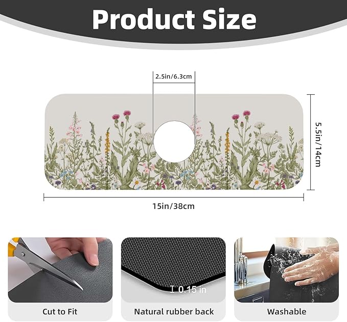 Vintage Color Plants Herbs Floral Kitchen Sink Splash Guard Faucet Mat 1 Pcs, Absorbent Fast Drying Mat Gadgets Splash Guard For Bathroom 15 X 5.5 Inches
