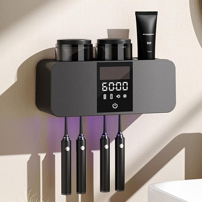 Toothbrush Holders for Bathrooms,LED Smart Screen Bathroom Accessories,Cleaning and Air Drying and Timer Function,Solar Rechargeable Cordless 2 Cups Electric Toothbrush Holder (Grey)