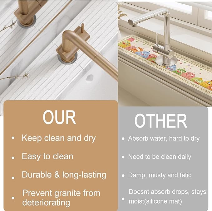 Quick Drying Stone Faucet Mat for Kitchen, Super Absorbent Diatomite Sink Tray Fast Drying Splash Guard, Durable Protector for Kitchen Sink/Bathroom Counter(15.8" x 3.9",White)