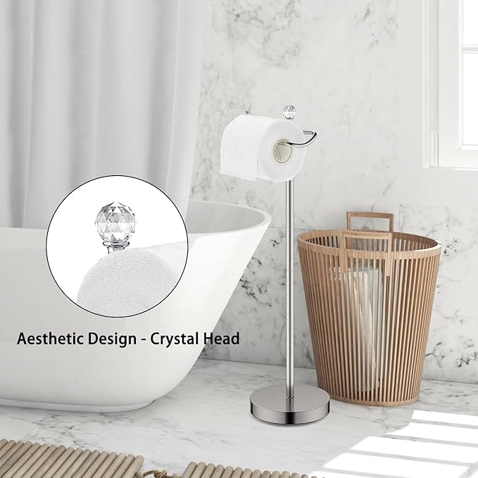Toilet Paper Holder Stand with Crystal Head, Brushed Nickel Toilet Paper Holder Free Standing 24.4" H, Stand Up Toilet Paper Roll Holder for Bathroom, Floor Toilet Paper Storage