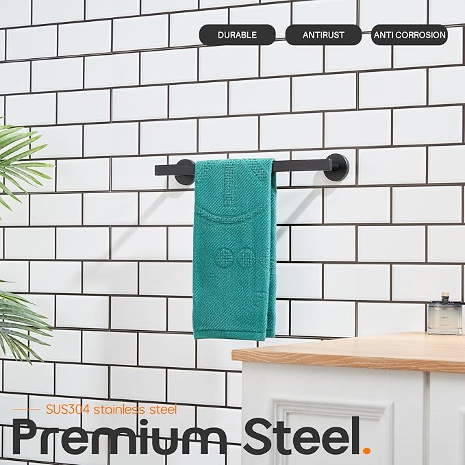12 Inch Bathroom Towel Bar Bath Towel Rack Kitchen Towel Holder Towel Ring Wall Mounted SUS304 Stainless Steel Matte Black AN4001MB-L12