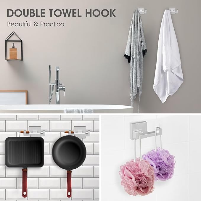BOZWELL Double Towel Hooks for Bathroom Bushed Nickel Wall Mount，2 Pack Modern Square Style Coat Robe Hook，Stainless Steel Heavy Duty Door Hanger for Bathroom Bedroom Kitchen Hotel Pool 1502-NL-2