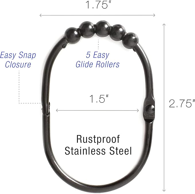 2 Lb. Depot Wide Shower Curtain Ring - Set of 12 Easy Glide and Rust-Proof Rollers - Stainless Steel Shower Curtain Hooks Black for Straight and Curved Rods - Decorative and Durable for Any Bathroom