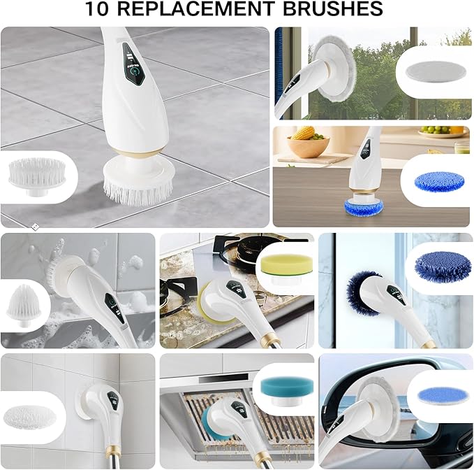 Electric Spin Scrubber with 10 Replaceable Brush Heads, Extendable Handle Up to 59", 2 Speed Modes, Waterproof, Cordless Cleaning Brush, 2H Cleaning Time,Perfect for Home, Bathroom,Kitchen