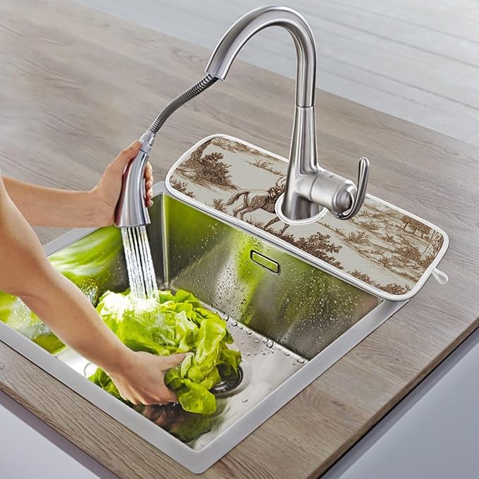 2 PCS Kitchen Sink Splash Guard 14.9 Inch Faucet Mat for Kitchen Sink Bathroom Sink Faucet Absorbing Drip Drain Mat Pad Microfiber Soft Washable Brown Red Cowboys Horses Cactus Desert