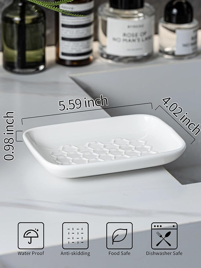 Gomakren Soap Dish for Shower, Ceramic Bar Soap Holder with Honeycomb Design - Soap Saver Tray for Bathroom Kitchen Sink, Sponge & Organizer Tray, Upscale Look, 5.5 Inch, White